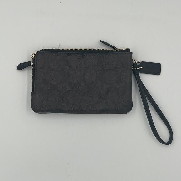 COACH Signature Brown Black Wristlet Wallet PVC Double Corner Zip F87591 - Picture 2 of 10